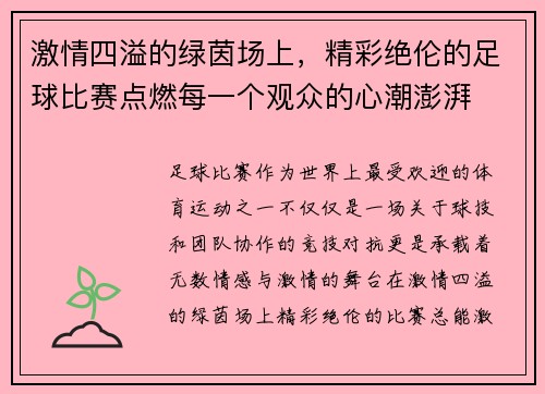 激情四溢的绿茵场上，精彩绝伦的足球比赛点燃每一个观众的心潮澎湃