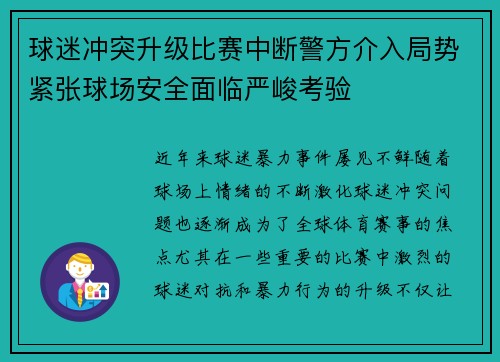 球迷冲突升级比赛中断警方介入局势紧张球场安全面临严峻考验