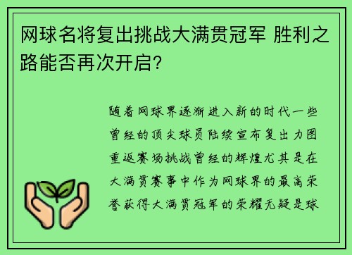 网球名将复出挑战大满贯冠军 胜利之路能否再次开启？
