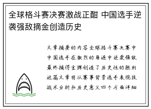 全球格斗赛决赛激战正酣 中国选手逆袭强敌摘金创造历史