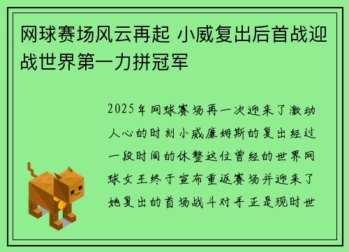 网球赛场风云再起 小威复出后首战迎战世界第一力拼冠军